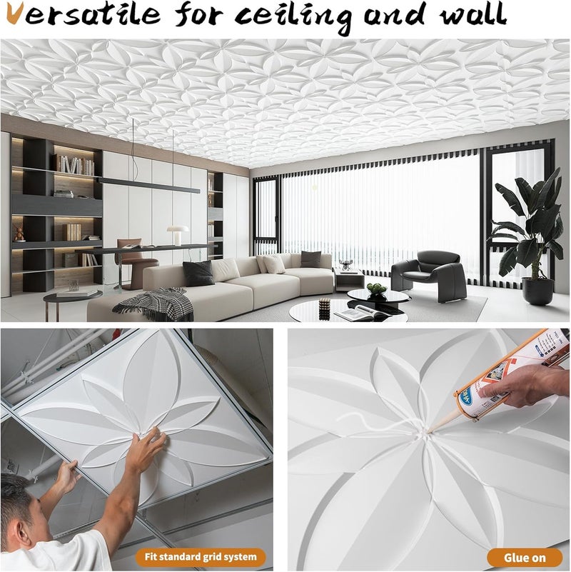 WOWSTAR 12-Pack 24"x24" Drop Ceiling Tiles, Waterproof Glue Up Ceiling Decor, White - Image 2